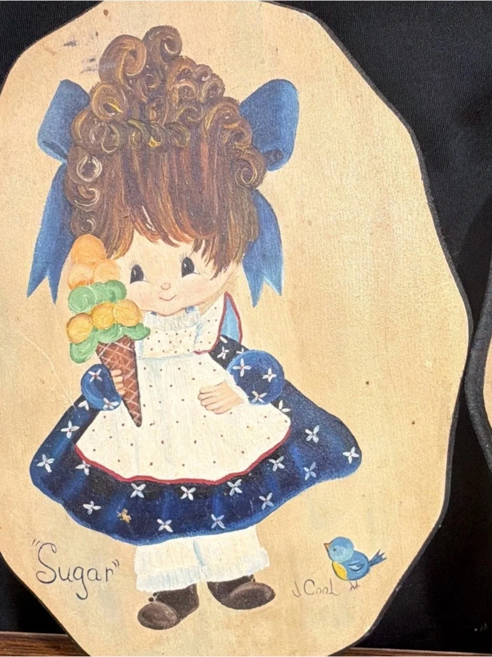 Vintage 70-‘80’s Hand-Painted Wood Plaque Set Big Eyes Kids Sugar & Spice 10x7